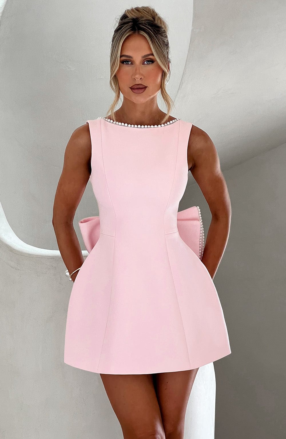 Pearl Trim A-Line Mini Dress for Wedding Guests