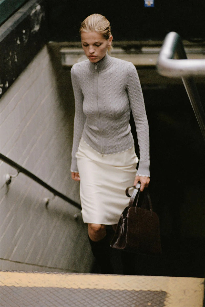 Mock Neck Lace Trim Knit Top for Women