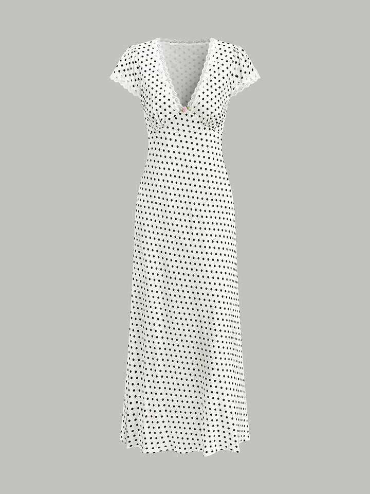 Polka Dot Lace-Trim V-Neck Maxi Dress
