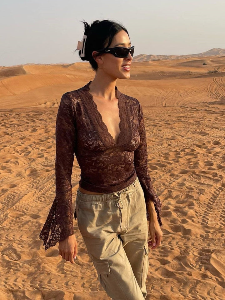 Elegant V-Neck Lace Top with Flared Sleeves