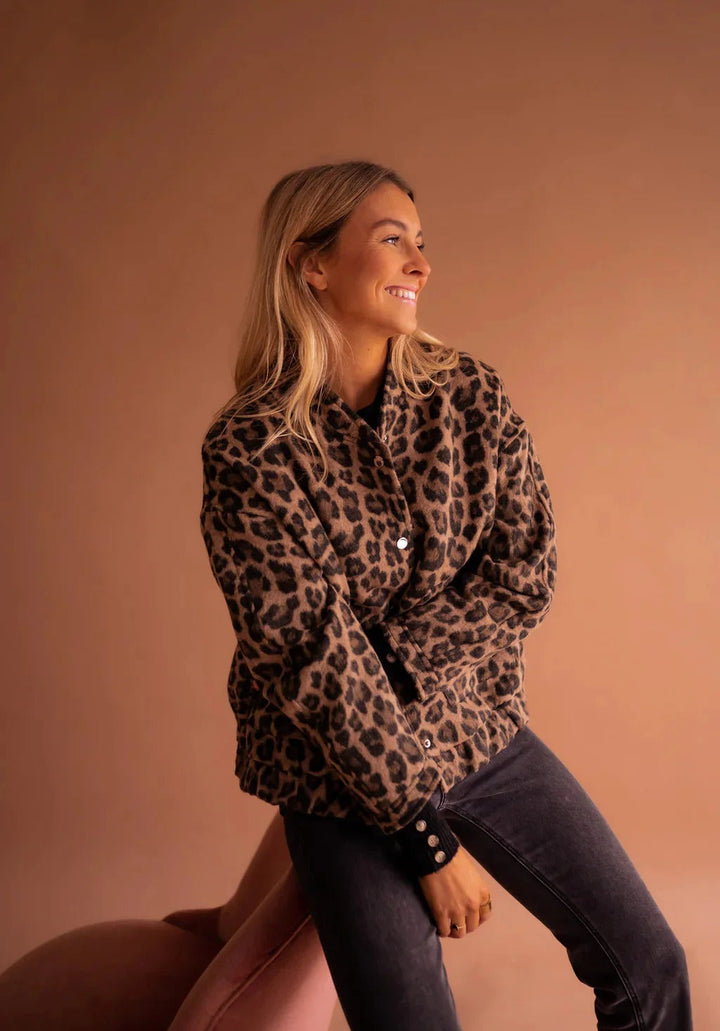 Leopard Print Bomber Jacket with Snap-Button Front