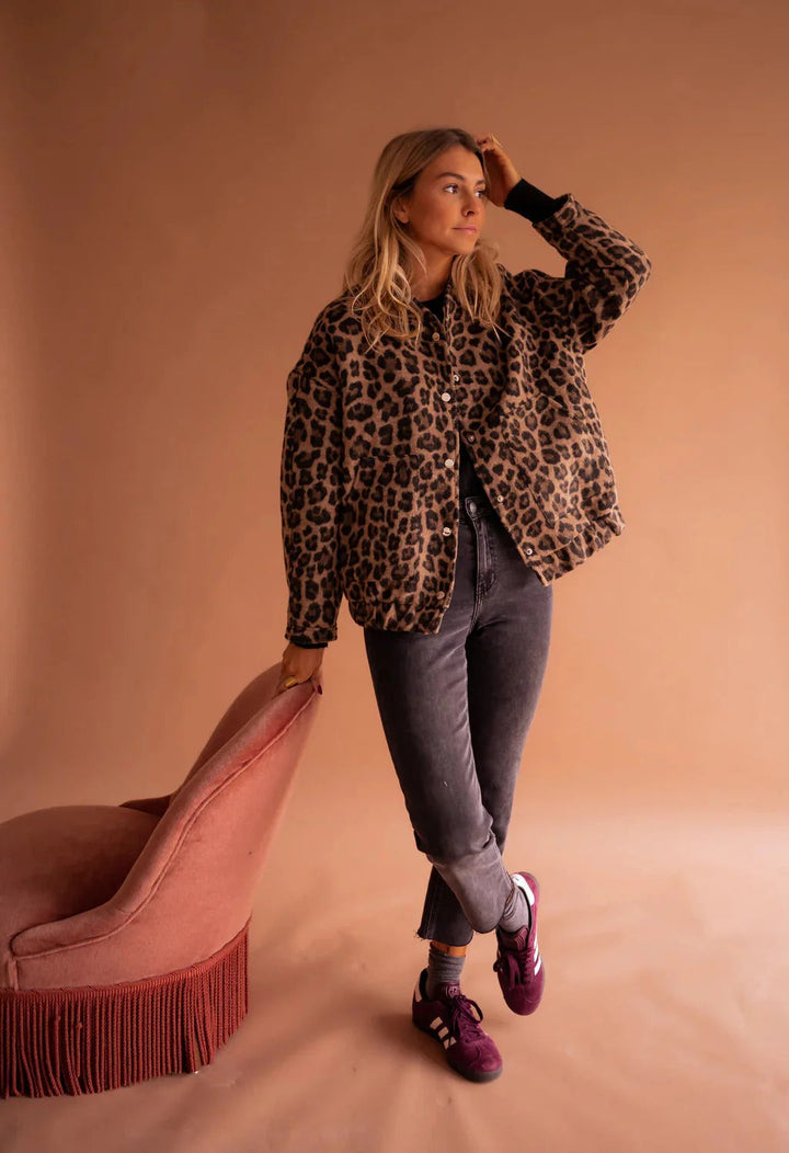 Leopard Print Bomber Jacket with Snap-Button Front