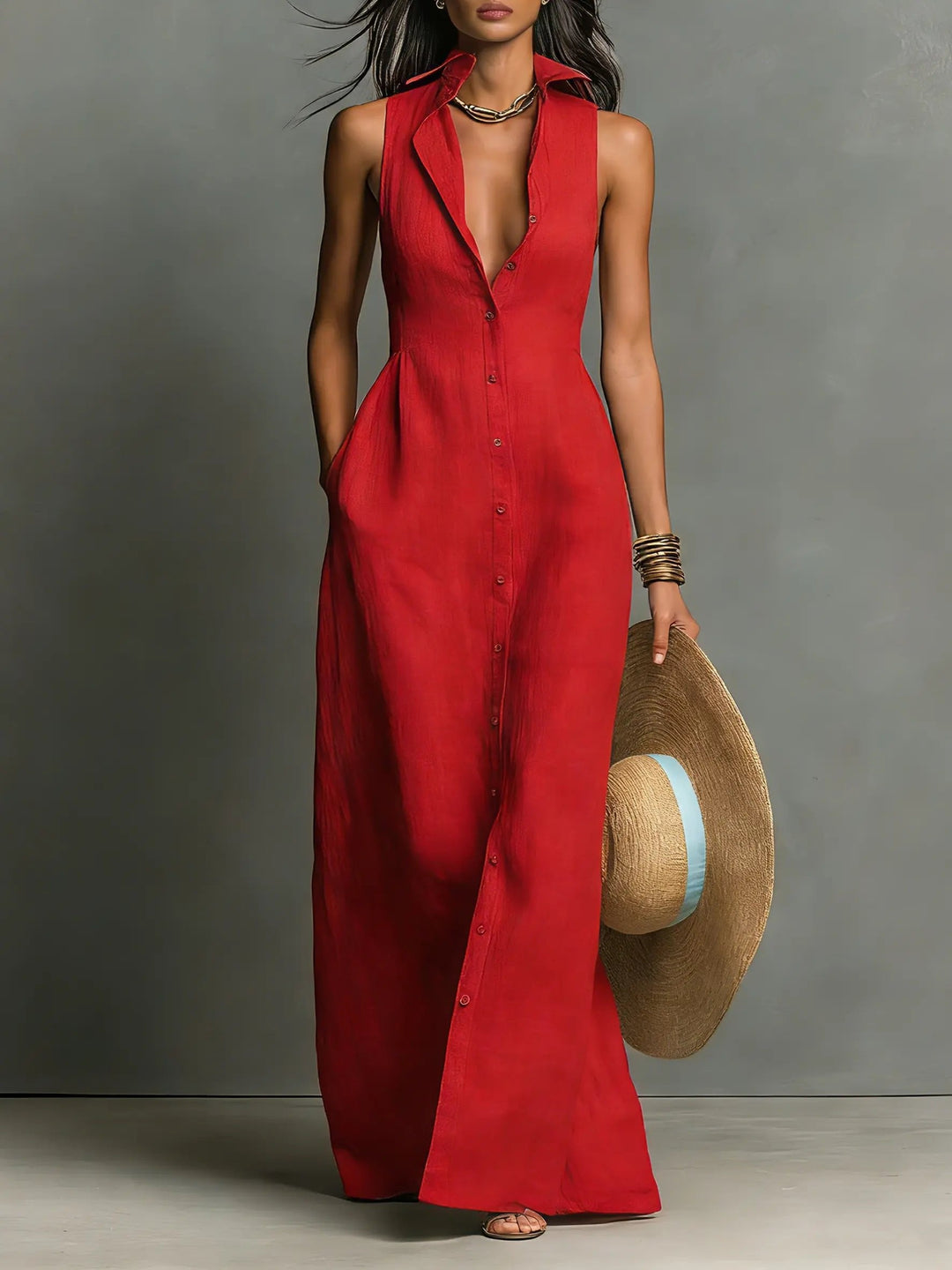 Sleeveless Maxi Shirt Dress with Button Front